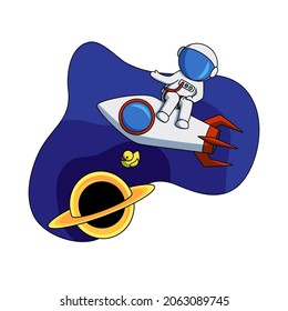 El astronauta se sienta sobre un cohete y arroja un pato de goma a un agujero negro. Ilustración del vector