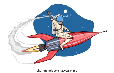 Astronaut sits on rocket. Vector illustration on space background
