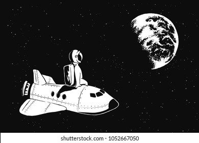 Astronaut sits on space shuttle and watches to Earth.Cosmic theme. Vector illustration