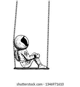 The astronaut sits on a swing. Alone. Without background.