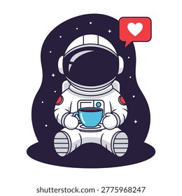 An astronaut sits in space with a coffee cup, receiving a heart symbol. Casual, friendly vibe.