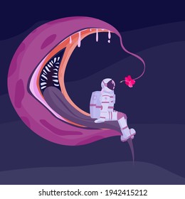 astronaut sits. astronaut and starry space. predatory alien with flower bait. stock vector illustration.