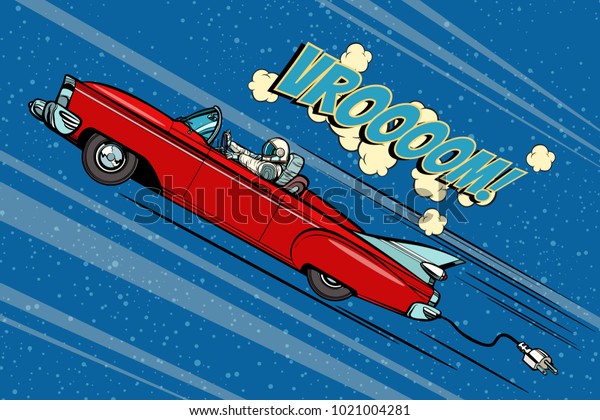 車の車輪の後ろに座る宇宙飛行士 ポップアートのレトロなベクターイラスト漫画の手描きのベクトル のベクター画像素材 ロイヤリティフリー