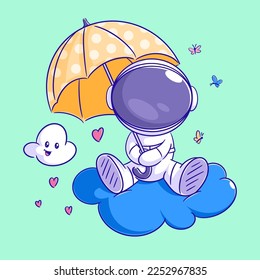 Astronaut is sitting in the cloud with an umbrella