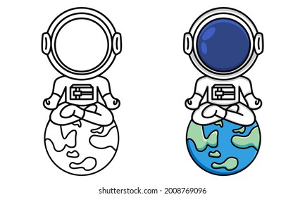 astronaut sitting cross legged on earth and meditating coloring page for kids