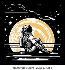 astronaut sitting daydreaming on the background of the mars and space. Vector illustration. Art design for print, cover, wallpaper, wall art. Vector illustration.