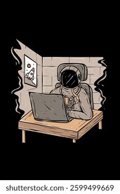 Astronaut Sitting At A Desk Working On His Laptop hand drawn illustration vector