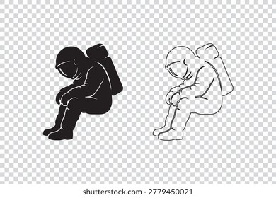 Astronaut sitting with head down in silhouette and outline