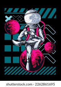 Astronaut sitting holding coffee cup illustration, Isolated Technology Concept premium vector t-shirt design. Flat Cartoon Style Suitable for Landing Web Pages, Banners, Flyers, apparel, clothing