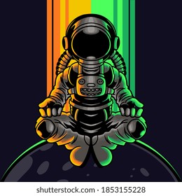 Astronaut sitting in lotus pose on a planet or moon. Meditation, relaxing, peace of mind in colorful background. Print for t-shirts and another, trendy apparel design. Vector illustration