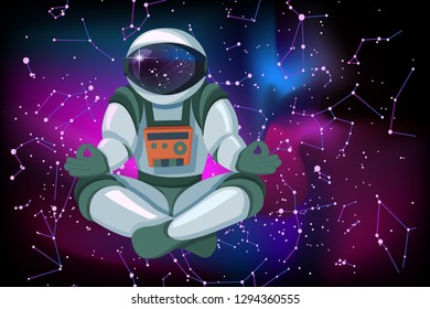 Astronaut sitting in lotus position, meditating, relaxing floating in colored space background. Useful for website promotion poster and mobile game development advertise