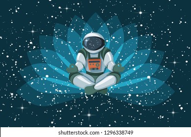 Astronaut sitting in lotus position, meditating, relaxing floating in colored space background. Useful for website promotion poster and mobile game development advertise