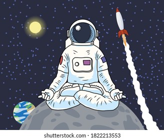Astronaut sitting meditating on a planet or moon