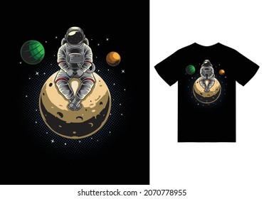 Astronaut sitting in the moon illustration with tshirt design premium vector the Concept of Isolated Technology. Flat Cartoon Style Suitable for Landing Web Pages, Banners, Flyers, Stickers, Cards