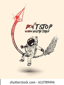 Astronaut sitting on the arrow, Hand Drawn Vector Background.