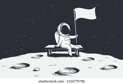 Astronaut, sitting on a bench on the moon, holds a flag.Space vector illustration