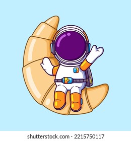 El astronauta está sentado sobre un gran croissant y saludando a alguien de ilustración