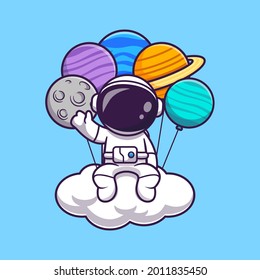 Astronaut Sitting On Cloud With Planet Balloon Cartoon Vector Icon Illustration. Science Technology Icon Concept Isolated Premium Vector. Flat Cartoon Style