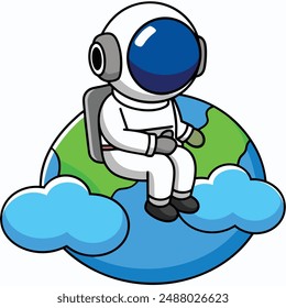 Astronaut Sitting on Cloud with Planet Balloon Cartoon Vector Icon