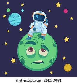 Astronaut sitting on comic green moon vector illustration. Cartoon drawing of spaceman and confused planet character in outer space, stars. Space, fantasy, universe concept