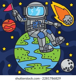 Astronautin sitzt auf der Erde gefärbter Cartoon 