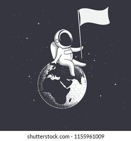 Astronaut, sitting on the Earth, holds a flag.Space vector illustration