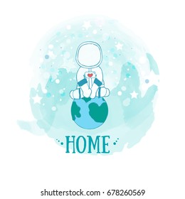 Astronaut sitting on Earth vector illustration. Hand drawn.