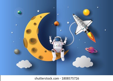 The astronaut is sitting on a half-moon, pop up, greeting and birthday card, education concept, paper cut style, flat-style vector illustration.