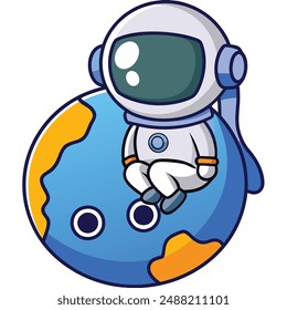 Astronaut Sitting on Moon Cartoon Vector Kawaii Icon. Science Space Illustration