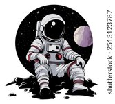 Astronaut Sitting on Moon. Flat Vector Illustration