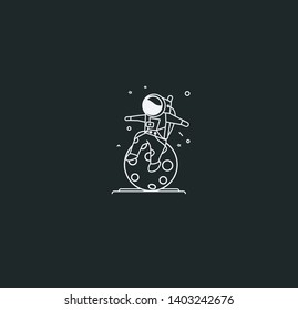 Astronaut sitting on moon - Flat Line Art Design Illustration.