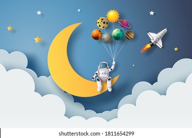 The astronaut is sitting on the moon holding planet balloons, paper cut style, flat-style vector illustration.