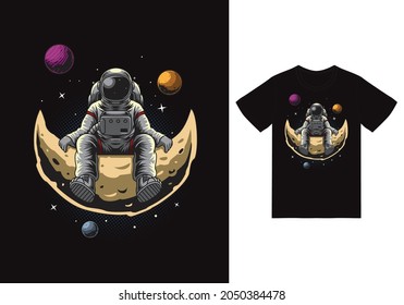 Astronaut Sitting On Moon Illustration With Tshirt Design Premium Vector The Concept Of Isolated Technology. Flat Cartoon Style Suitable For Landing Web Pages, Banners, Flyers, Stickers, Cards