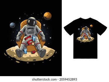 Astronaut sitting on the moon illustration with tshirt design premium vector the Concept of Isolated Technology. Flat Cartoon Style Suitable for Landing Web Pages, Banners, Flyers, Stickers, Cards