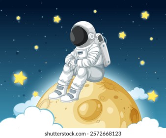 Astronaut sitting on moon surrounded by stars