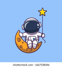 Astronaut Sitting On Moon Vector Icon Illustration. Spaceman Mascot Cartoon Character. Science Icon Concept Isolated. Flat Cartoon Style Suitable for Web Landing Page, Banner, Flyer, Sticker, Card