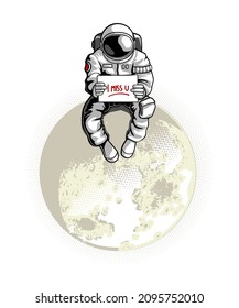 Astronaut Sitting On The Moon and while holding text Illustration Of Cartoon Icons Vector.