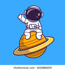 Astronaut sitzt auf dem Planeten und hüpft Hand Cartoon Vektorsymbol Illustration. Science Technology Icon Konzept isolierter Premium-Vektorgrafik. Flachbildkartonstil