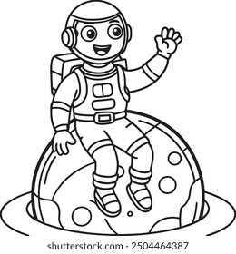 Astronaut Sitting On Planet And Waving Hand Cartoon Vector Illustration Black and White Coloring Pages