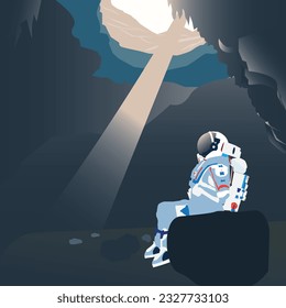 Astronaut sitting on  rock and looking into dark caves,alian planet vector 