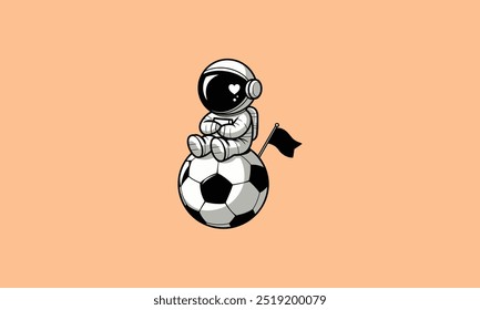 astronauta sentado em uma bola de futebol com uma pequena bandeira.