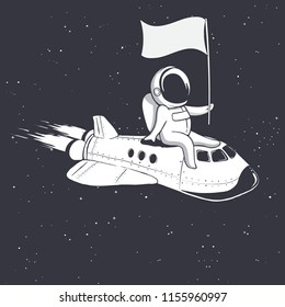 Astronaut, sitting on space shuttle, holds a flag. vector illustration