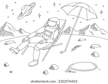 Astronaut is sitting in a sun lounger alien planet graphic black white space landscape sketch illustration vector