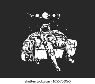 Astronaut sitting, universe, uniform and helmet, vector illustration