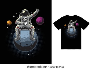 Astronauta sentado mientras sostiene la ilustración de la taza de café con un vector de diseño de camisetas premium el Concepto de tecnología aislada. Estilo de caricatura plana adecuado para lanzar páginas web, carteles, volantes