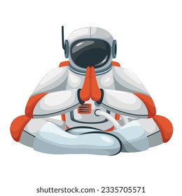 Astronaut sitting in yoga pose vector illustration. Cartoon isolated spaceman in spacesuit and helmet floating to meditate in lotus asana, spiritual zen meditation of astronaut in zero gravity
