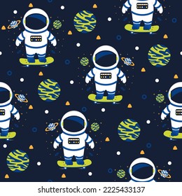 Astronaut with skateboard cartoon vectors pattern background.