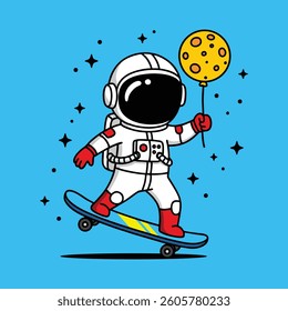 Astronaut skateboarding on the moon cartoon illustration