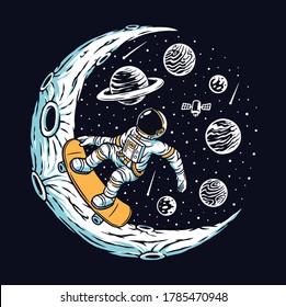 Astronaut skateboarding on the moon vector illustration