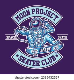 Astronaut Skateboarding in Space Mascot Character Design Hand Drawing Vector Illustration in Patch Design Moon Project Skater Club
